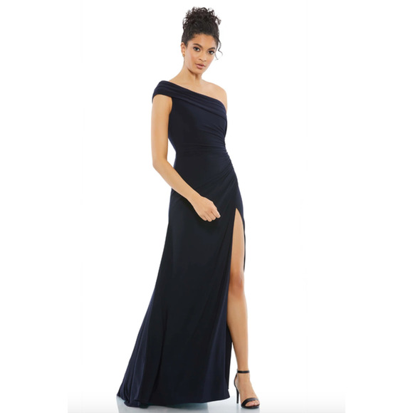 MAC DUGGAL Dress Size 8 Evening Gown Foldover Off the Shoulder Navy Blue NEW - Picture 1 of 5